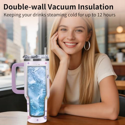 Purple Floral 40oz Tumbler with Handle Straw, Cute Flower Gifts for Women - color: Floral1