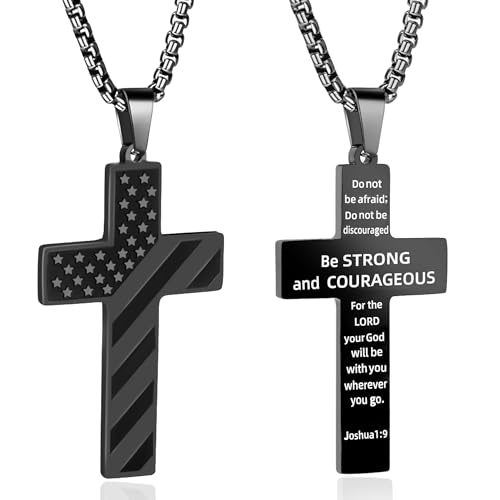 American Flag Cross Necklace for Men, Christian Confirmation Baptism Gifts - color: Black, style: Joshua 1:9