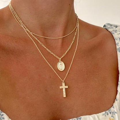 Turandoss Layered Cross Necklaces Stack for Women Girls, Christian Gift - color: Cross-Virgin Mary