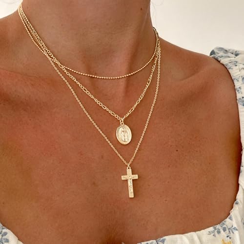 Turandoss Layered Cross Necklaces Stack for Women Girls, Christian Gift - color: Cross-Virgin Mary