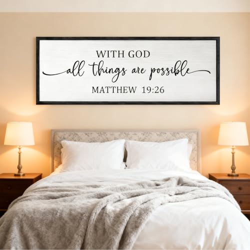 With God All Things are Possible Framed Wall Art, 40''×15'' Positive Holy Religious Rustic Bible Verse for Christian God Jesus Christ Prayer, Vintage Horizontal Inspirational Catholic Scripture Decor - color: Black Frame, style: With God All Things are Po