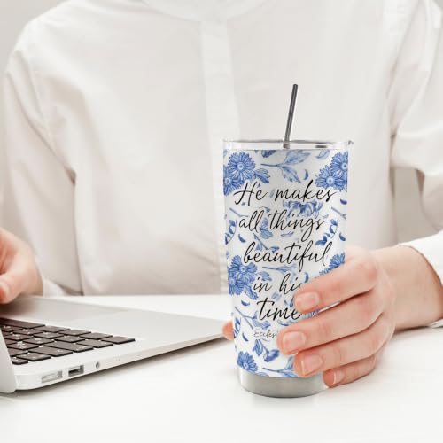 Blue Floral Christian Bible Verse 20oz Travel Coffee Mug Tumbler - color: makes