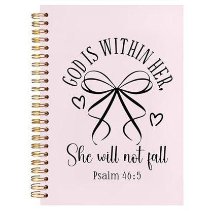 BearCake Pink Coquette Bow Christian Notebook Journal, God is Within Her She Will Not Fall Bible Journal for Women, Christian Religious Gifts for Woman, Hardcover Spiral Notebook 5.5x8.3 - color: white Bible-46:5