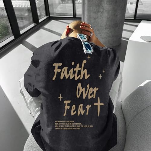 Christian Shirts for Men Faith Over Fear Acid Wash Tshirts Faith Religious Tees God Bible Verse Inspirational Tops - color: Black1, size: Medium