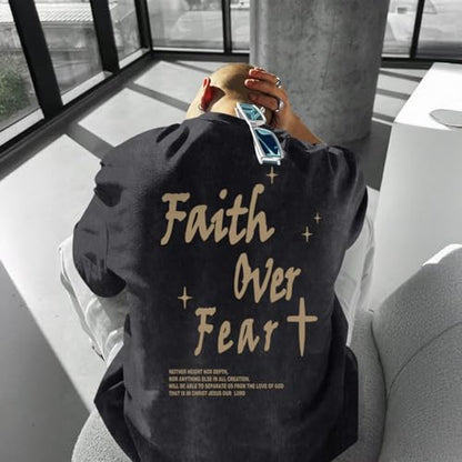 Christian Shirts for Men Faith Over Fear Acid Wash Tshirts Faith Religious Tees God Bible Verse Inspirational Tops - color: Black1, size: Medium