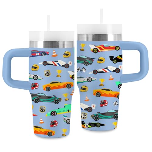 Race Car Gifts for Kids - 14 oz Tumbler with Handle and Straw, Stainless Steel Insulated Racing Cup, BPA Free Tumblers Birthday Gift for Vehicle Lover, Outdoor Sports, Travel (Blue) - color: RaceCar1