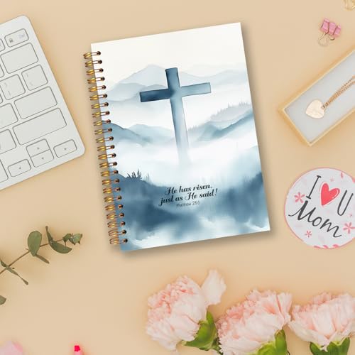Exqcom Easter Christian Spiral Notebook, He Has Risen Bible Verse Journal Gifts for Women, Watercolor Blue Cross Religious Hardcover Notebook Journal Church Office School Supplies, 5.5x8.3 - color: white Bible Notebook-V
