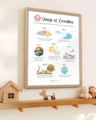 KensTro 12x16 Oak Framed 7 Days of Creation Christian Wall Art - color: 7 Days of Creation-Framed, size: 16"L x 12"W