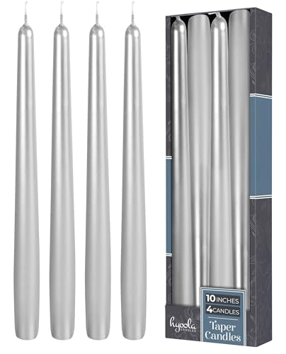 Hyoola Tall Taper Candles - 10 Inch Metallic Silver Unscented Dripless Taper Candles - 8 Hour Burn Time - 4 Pack - color: Metallic Silver, size: 10 Inch