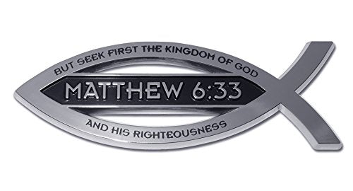 Elektroplate Christian Fish Matthew 6:33 with Verse OEM Chrome Emblem for Cars, Trucks, and All Auto | Universal Fit at 4" x 1.4" | Weatherproof - color: Matthew 6:33