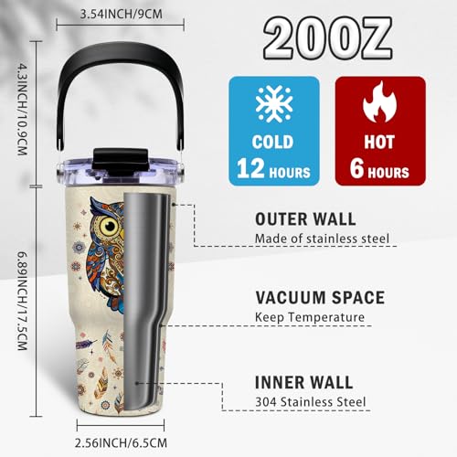 Owl Gifts for Women - Owl Tumbler with Top Handle and Flip Straw Lid 20oz Stainless Steel Insulated Travel Cups - Christmas Birthday Present for Owls Lovers Coffee Mugs - color: Owl01