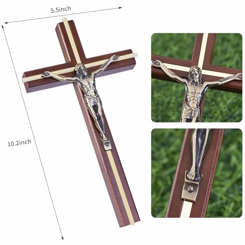 SISSIDA Wooden Crucifix Wall Cross, Handmade Catholic Home Decor, 10 Inch - color: Brown + Antique Brass