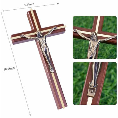 SISSIDA Wooden Crucifix Wall Cross, Handmade Catholic Home Decor, 10 Inch - color: Brown + Antique Brass