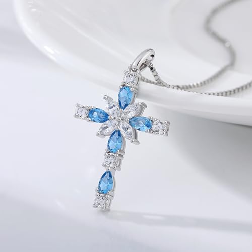 925 Sterling Silver Cross Necklace for Women，Birthday Delicate Star Cross Necklace Jewelry Gifts for Women，Birthstone Religious Jewelry for Mom, Chain 18 inch - color: L. 12. Blue-December-Sky Blue