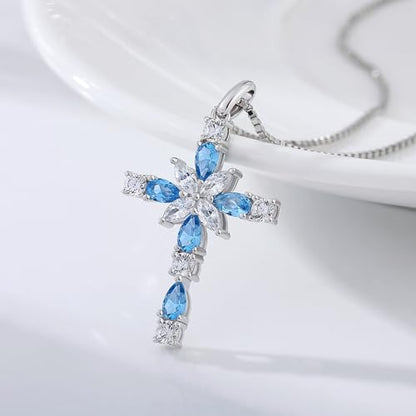 925 Sterling Silver Cross Necklace for Women，Birthday Delicate Star Cross Necklace Jewelry Gifts for Women，Birthstone Religious Jewelry for Mom, Chain 18 inch - color: L. 12. Blue-December-Sky Blue