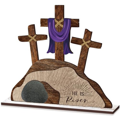 Beeveer Empty Tomb Easter Scene and Cross Decoration He Is Risen Decor Religious Wooden Tabletop Signs Christian Table Centerpiece for Easter Birthday Rustic Farmhouse Home Spring Decor(Retro Style) - style: Retro Style