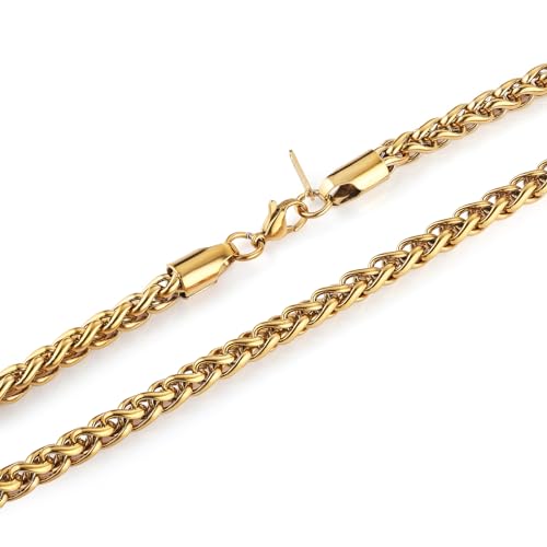 HZMAN Stainless Steel Wheat Chain for Men Women，Waterproof Necklace - color: 4mm Gold, size: 20In