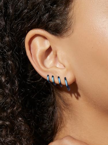 Small Gold Huggie Hoop Earrings Set for Women Men Hypoallergenic 14K Plated Stack Cartilage Earrings, Sterling Silver Multiple Piercing Lightweight Mini Thin Cute Dainty Trendy Jewelry Gifts for Women - color: Blue-6,8,10,12mm