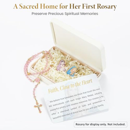 My First Religious Keepsake Box Set for Girls - 3D Virgin Mary Medal, White PU Leather Case & Blessing Card for Baptism, First Communion (Premium Keepsake Box - Rosary Not Included) - style: Style B