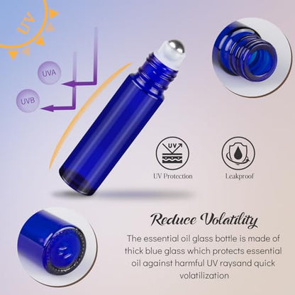 10ml Roller Bottles for Essential Oils, 24Pack Glass Roll on Bottles - color: Blue