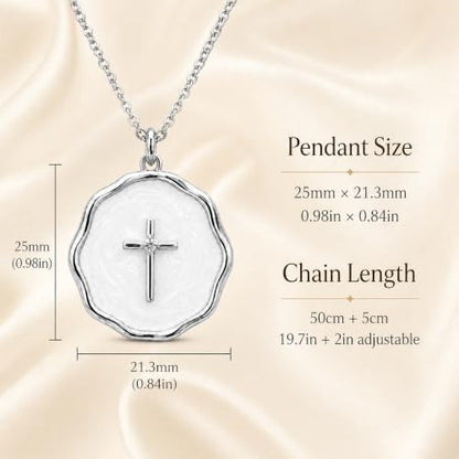 Enamel Cross Necklace for Women 18K Gold Plated Christian Pendant - color: White-Silver