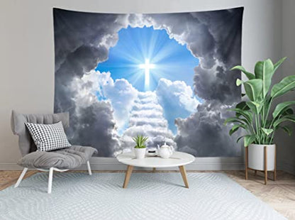 Loccor 5x3ft Fabric Cross Tapestry Photography Backdrop Stairway to Heaven Women Men Church Living Room Dorm Apartment Bedroom Aesthetic Photo Christian Background Religious Wall Art Spiritual Mural - size: 39.4"L x 1"W