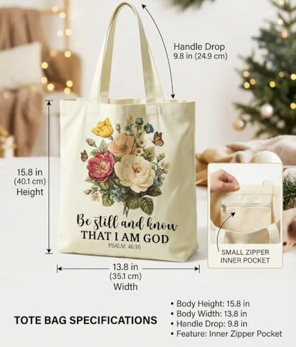Christian Bible Verse Tote Bag for Women Faith Church - color: Be Still