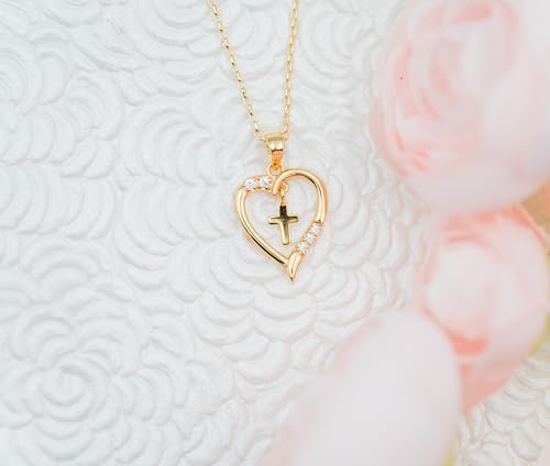 Cherished Moments Dancing Cross Heart Necklace - color: Gold-14
