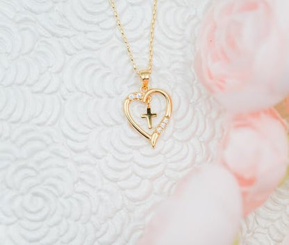Cherished Moments Dancing Cross Heart Necklace - color: Gold-14