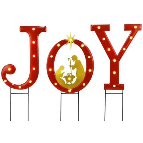 Hausse Lighted Christmas Decorations Outdoor, 15" Joy Letter Nativity Scenes Sets, Xmas Metal Religious Yard Decor with Stake, Battery Powered for Home Winter New Year Holiday Garden Patio Lawn