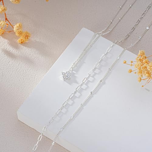 3PCS Gold Silver Layered Necklaces for Women Trendy - color: Silver&Four Clover