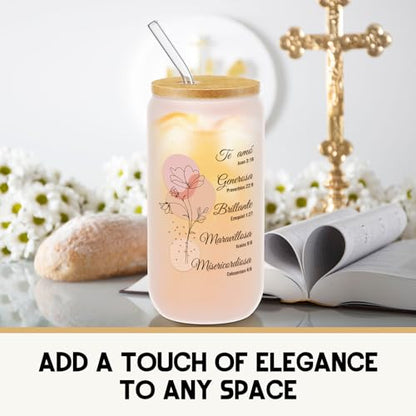Tioncy 4 Pcs Spanish Christian Glass Cups 16 oz with Bamboo Lids Straw