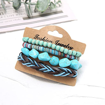 HZMAN Handmade Hemp Cords Wood Beads Leather Bracelets for Men Women - style: Turquoise