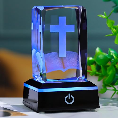 Qianwei 3D Crystal Cross Bible Figurine with Colorful Light Base, Laser Engrave Religious Gifts for Women Man Christian Gifts for Friend Sister - color: Cross Bible