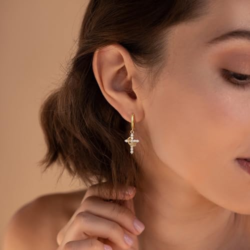 Robaice 14K Gold Plated Crown Cross Huggie Hoop Earrings for Women - color: Gold