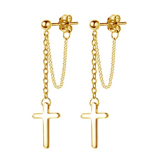 Cross Dangle Drop Earrings 925 Sterling Silver Chain Dropping for Women Girls Punk Ball Studs Hypoallergenic Jewelry - style: Gold Plated