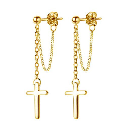 Cross Dangle Drop Earrings 925 Sterling Silver Chain Dropping for Women Girls Punk Ball Studs Hypoallergenic Jewelry - style: Gold Plated