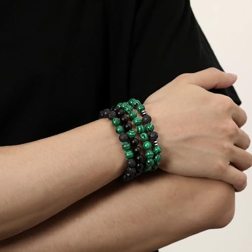 Mens Beaded Bracelets, 8MM Beaded Bracelets for Men, Natural Tiger Eye Bead Bracelet, Stretch Elastic Beads Bracelets for Men - color: 4 volcanic malachite black