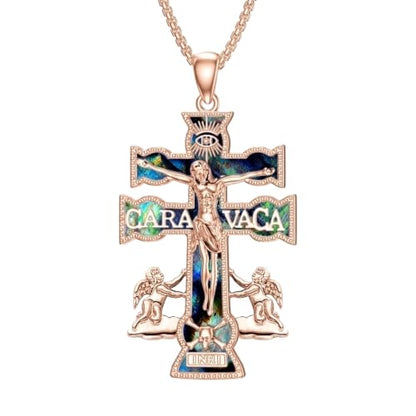 Cross Necklace Origami/Wooden/Caravaca/Faith Pendant Necklace Christian Religious Catholic Cross Jewelry Gift for Women Men - color: Caravaca Cross rosegold