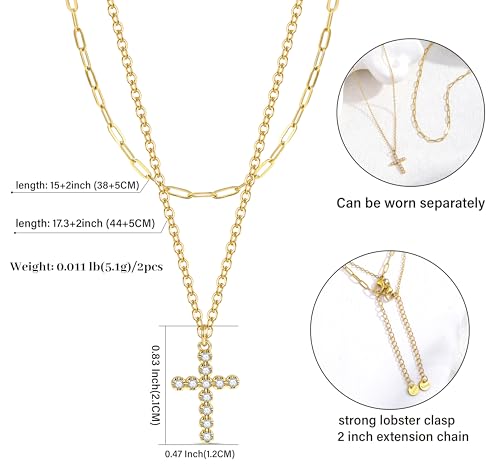 CONRAN KREMIX Waterproof Gold Layered Cross Necklace for Women Non Tarnish,14k Gold Plated Stainless Steel Dainty Cross Necklace Stack Necklaces Set for Women Christian Gifts Jewelry - color: Gold-Cross03