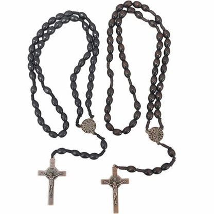 2 Pack Wooden Rosary Beads, Handmade Prayer Beads for Women and Men with Jerusalem Holy Soil Medal & Metal Cross, Unisex Catholic Rosary Jewelry Gift (Black + Brown)