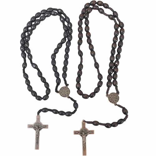 2 Pack Wooden Rosary Beads, Handmade Prayer Beads for Women and Men with Jerusalem Holy Soil Medal & Metal Cross, Unisex Catholic Rosary Jewelry Gift (Black + Brown)
