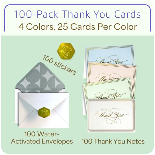 ukee's Elegant Thank You Cards, Gold Foil, 100 Cards with Envelopes