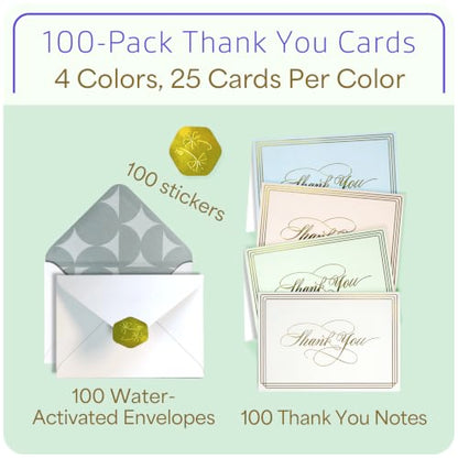 ukee's Elegant Thank You Cards, Gold Foil, 100 Cards with Envelopes