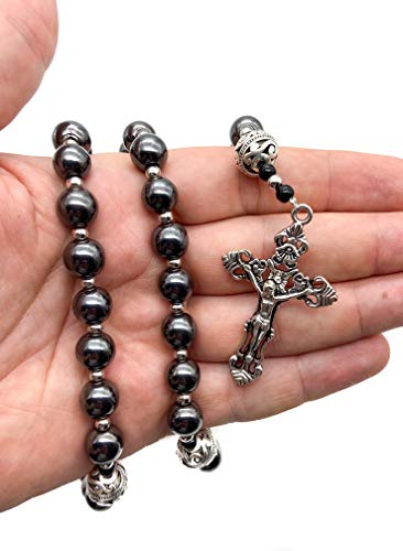 Nazareth Store Hematite Rosary Black Stone Beads Necklace Metal Beaded Silver-Plated Medal & Cross for Men NS