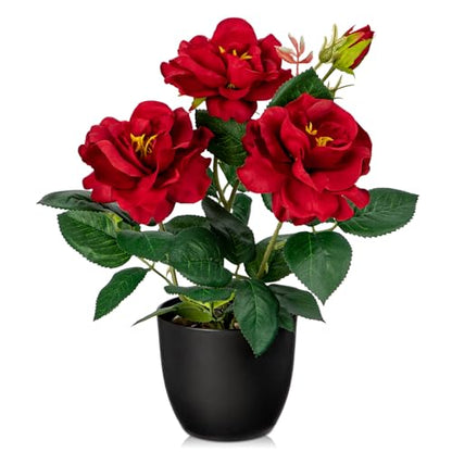 Hollyone Artificial Plants & Flowers with Vase Red Roses Artificial Flowers Small Potted Plant Faux Silk Flower with Black Pot Fake Rose Flower Arrangement Office Shelf Desk Home Decor 11 Inch - color: Rose 2 - Red (11inch)