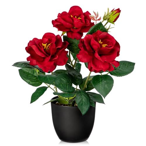 Hollyone Artificial Plants & Flowers with Vase Red Roses Artificial Flowers Small Potted Plant Faux Silk Flower with Black Pot Fake Rose Flower Arrangement Office Shelf Desk Home Decor 11 Inch - color: Rose 2 - Red (11inch)