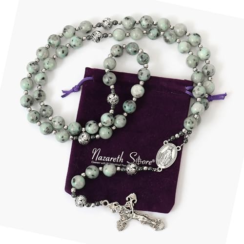 Nazareth Store Genuine Rosary Stone Beads Necklace Metal Beaded Glory Beads Miraculous Medal & Silver Cross Crucifix For Men and Womens - color: Dalmation Jasper