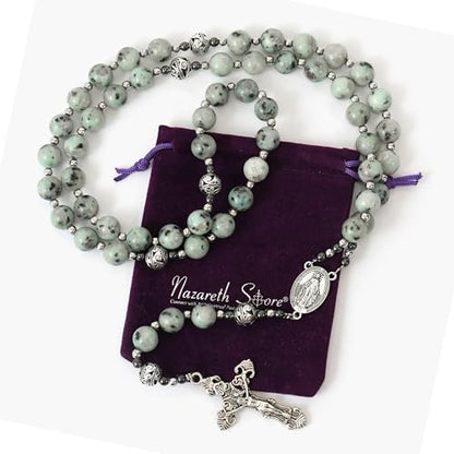 Nazareth Store Genuine Rosary Stone Beads Necklace Metal Beaded Glory Beads Miraculous Medal & Silver Cross Crucifix For Men and Womens - color: Dalmation Jasper