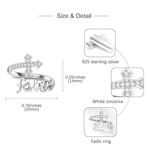 Helonley Cross Faith Ring for Women - 925 Sterling Silver Inspiration Rings - style: Faith Hope Love